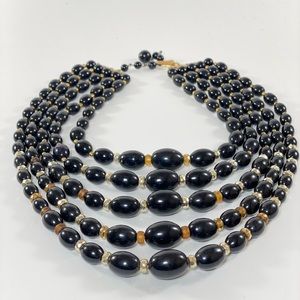 VINTAGE FIVE STRAND BLACK BEAD BIB GRADUATED BEAD NECKLACE